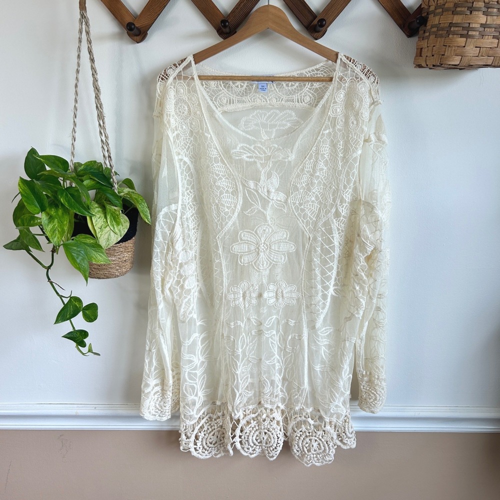 Vintage Blair Cream Sheer Mesh Floral Embroidered Crochet Lace Trim Top 3X Boho